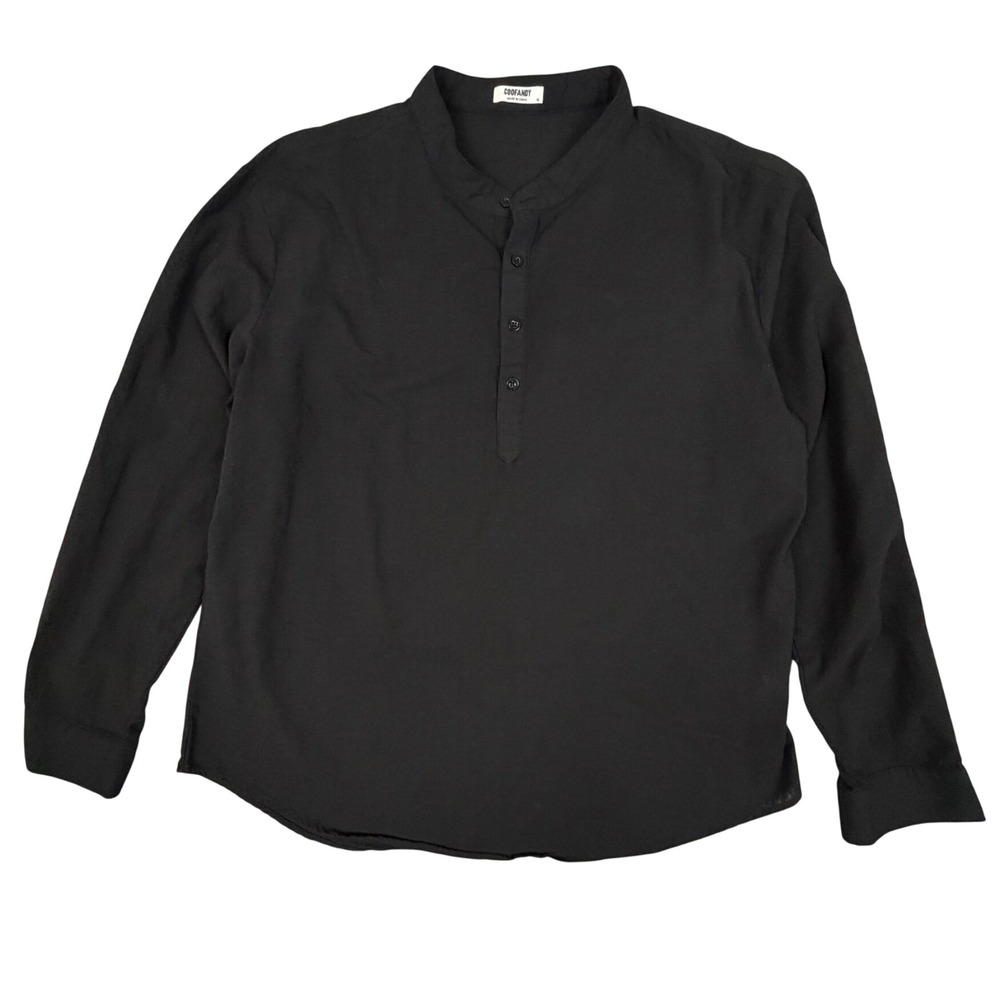 COOFANDY Mens XL Black Cotton Hemp Blend Long Sleeve Band Collar Henley Shirt